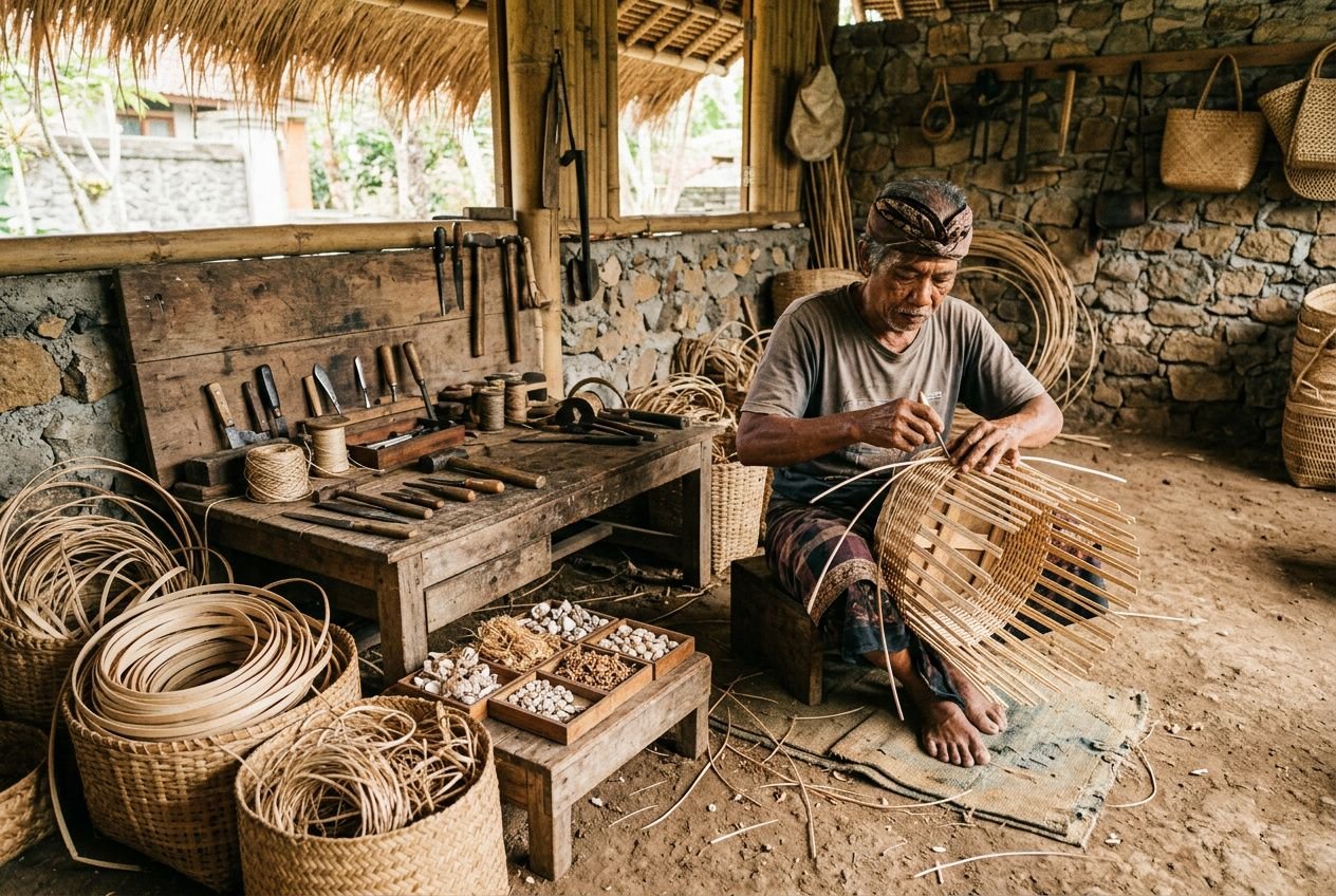 Artisan tissant des éléments en bambou dans un atelier rustique pour une décoration balinaise maison authentique.