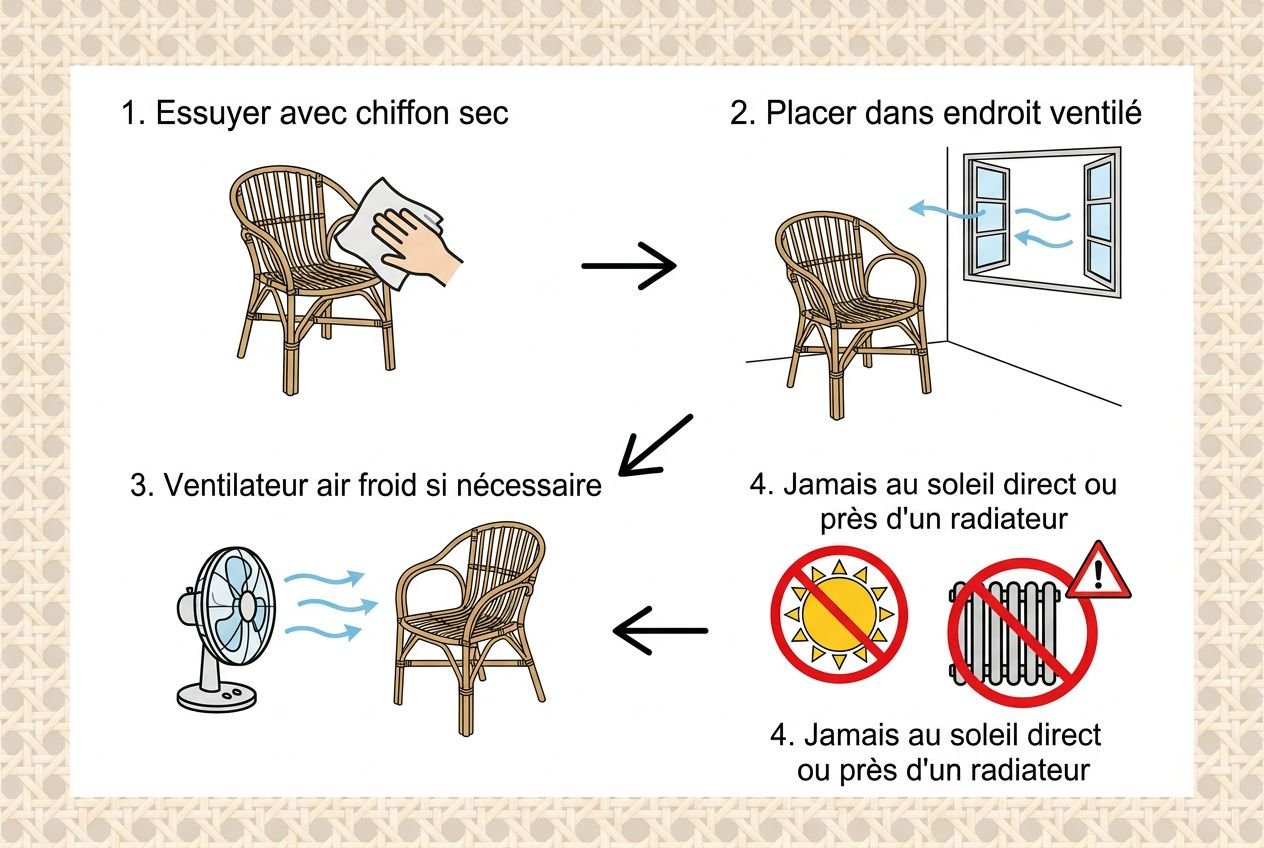 Assèchement avec chiffon sur rotin tressé, puis entretien en plaçant la chaise dans un endroit ventilé et loin du soleil direct ou des radiateurs.