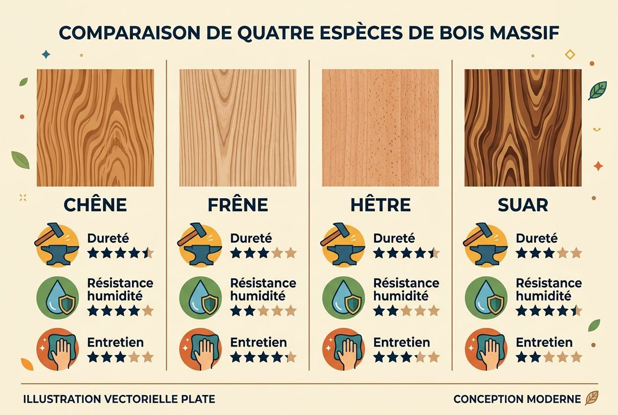 Comparaison de quatre espèces de bois massif: chêne, frêne, hêtre et suar, avec durabilité, résistance à l’humidité et entretien illustrés. meuble artisanal bois massif intégré naturellement.