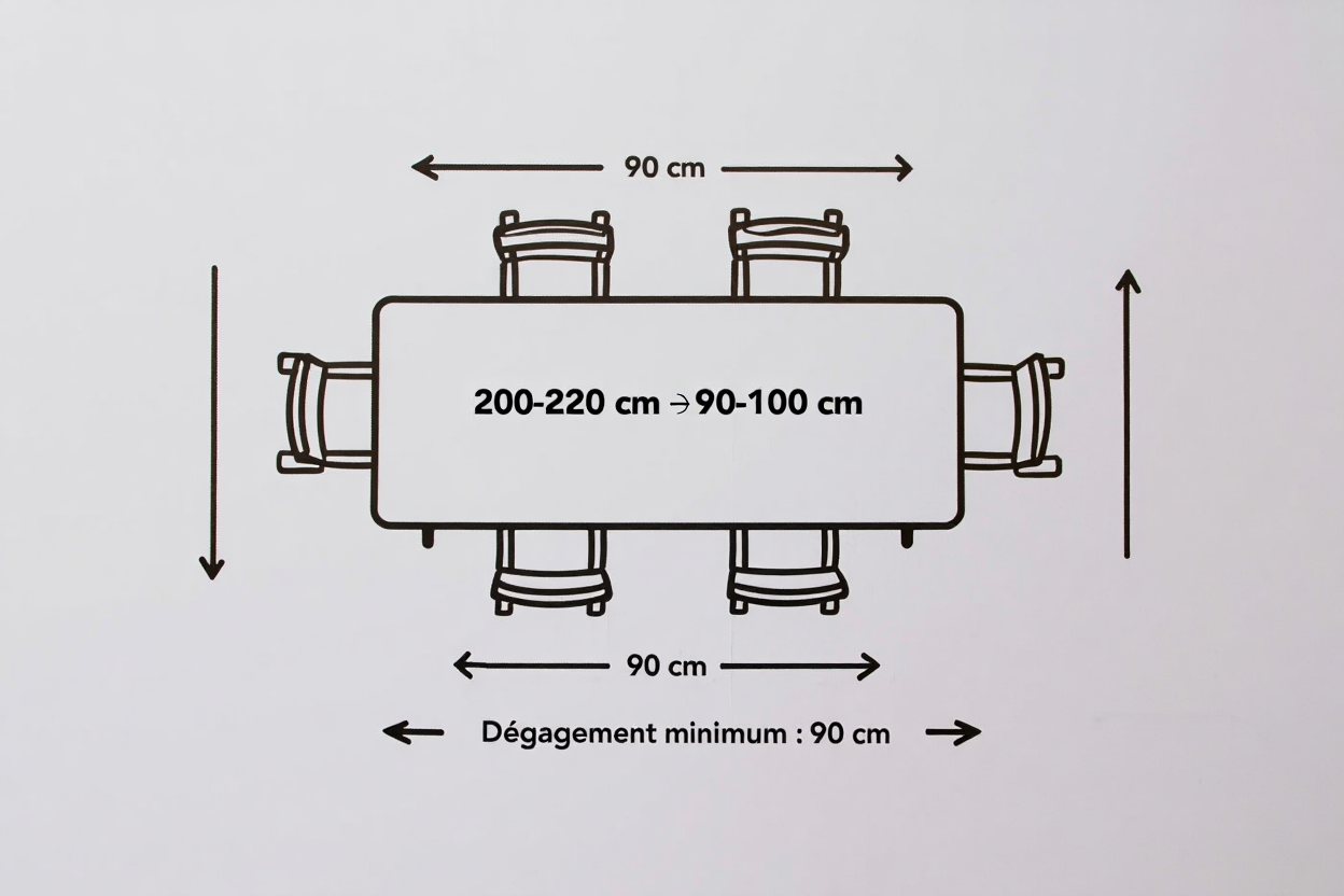 Diagramme des dimensions d’une table à manger: longueur 200-220 cm, largeur 90 cm, dégagement minimal 90 cm, avec chaises autour et espace pour 6-8 personnes. Dimension table à manger.