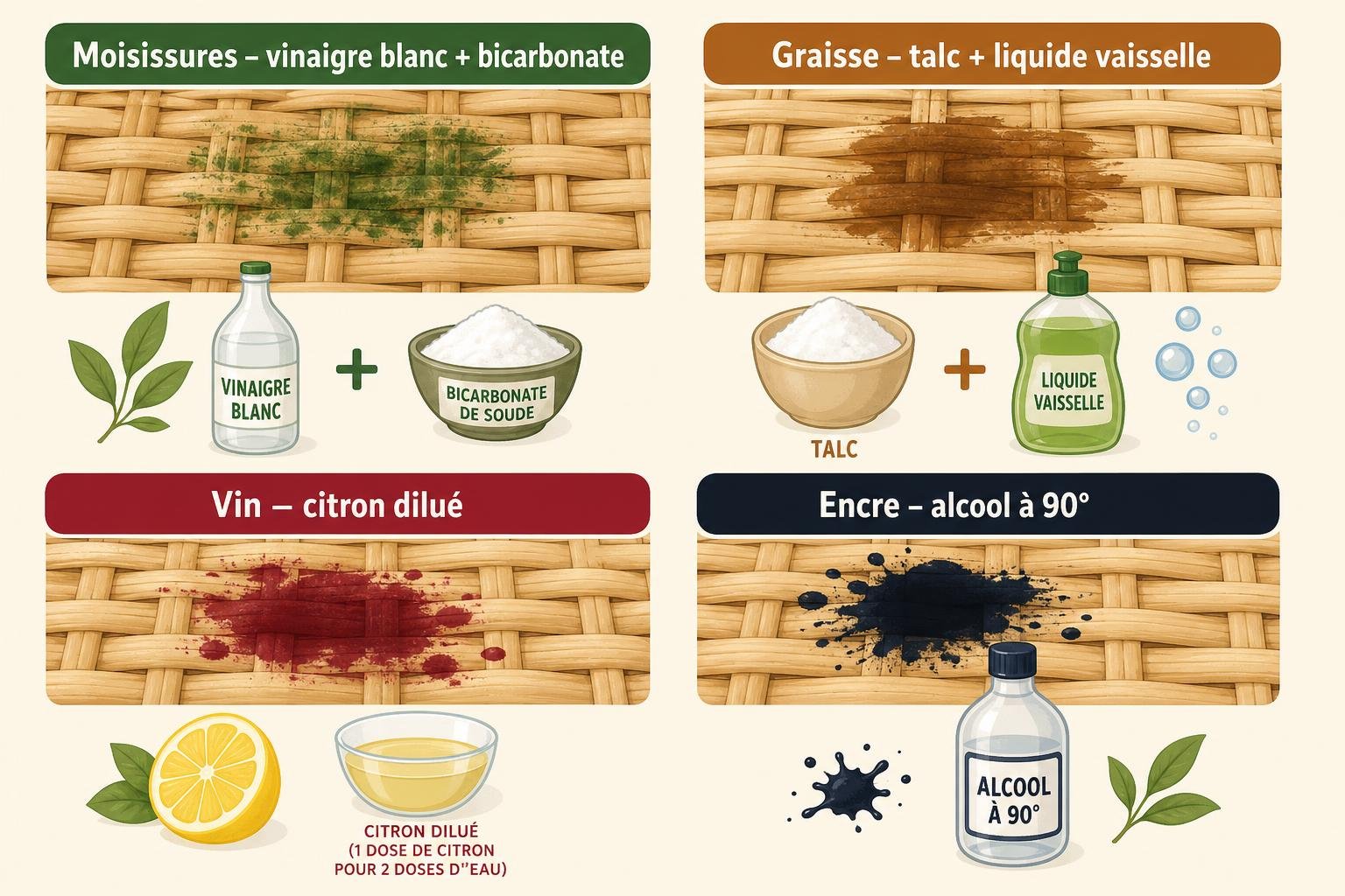 Diffuseur d’images: démonstration de méthodes de nettoyage du rotin tressé avec vinaigre blanc et bicarbonate, savon, et produits délicats.