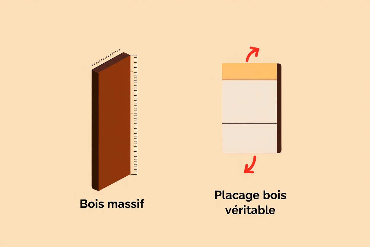 Hauteur et épaisseur d’un bois massif à côté d’un placage bois véritable, démontrant les différences entre bois massif et placage. Avantages du bois exotique pour terrasse et jardin.
