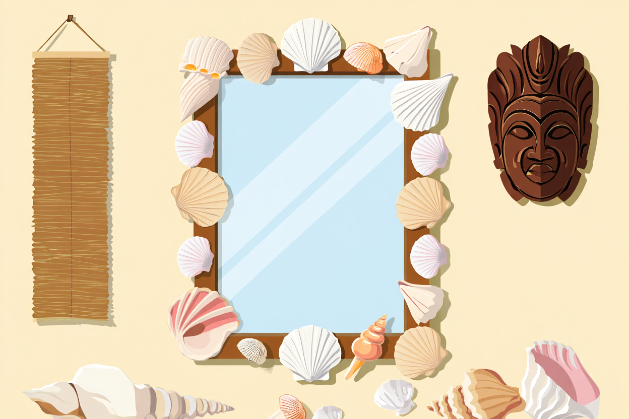 Miroir décoratif entouré de coquillages et motifs balinais, avec une tête en bois sculpté sur le mur, et un store en bambou à gauche. Décoration balinaise maison.