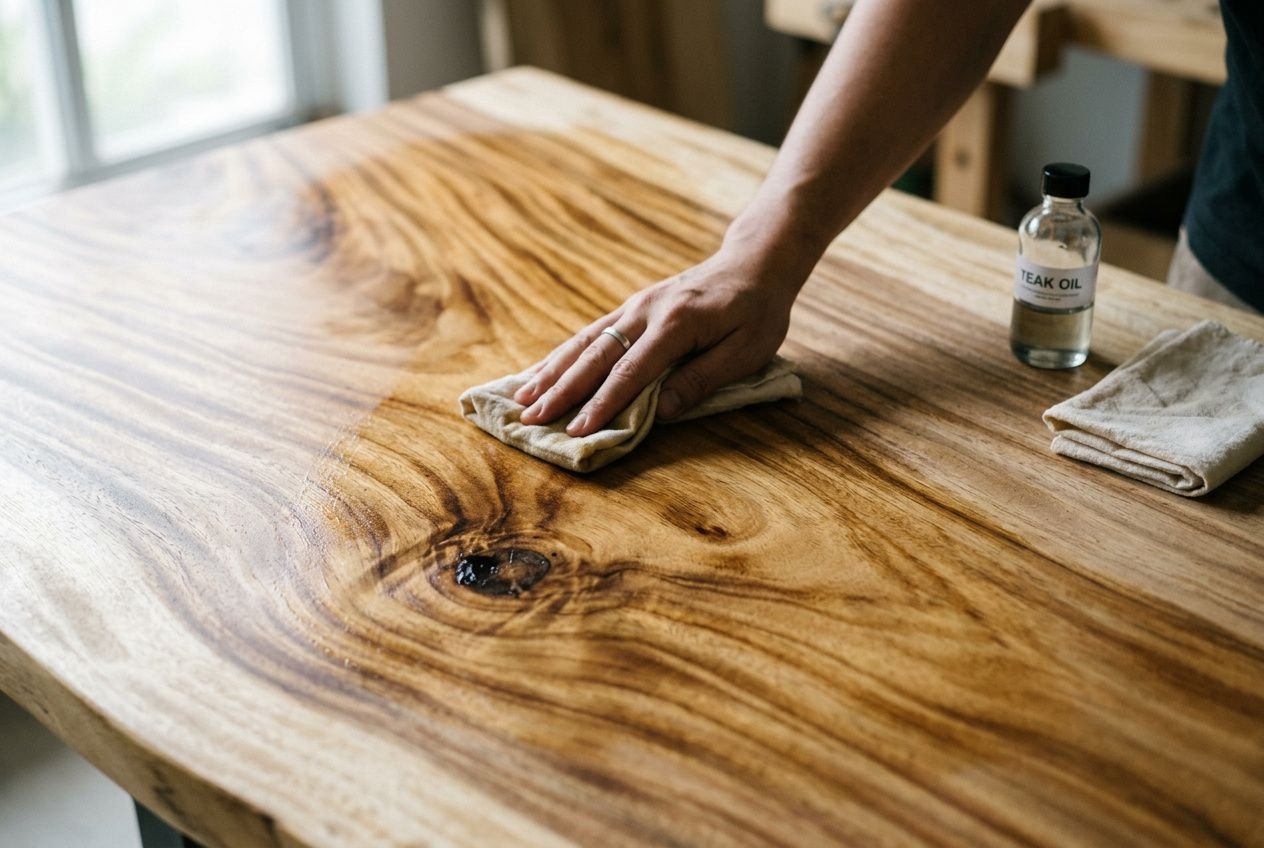 Personne essuyant un meuble en bois brillant avec un chiffon, flacon d’huile et tissu à proximité. Comment nettoyer un meuble en bois.