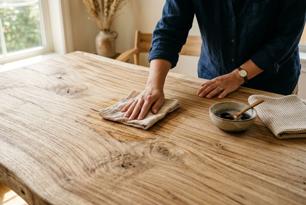 Personne essuyant soigneusement une table en bois avec un chiffon, préparation naturelle pour nettoyer un meuble en bois.