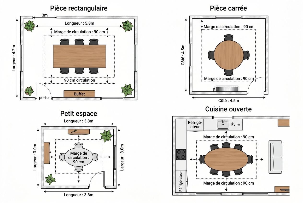 Plan d’aménagement avec dimensions: taille de table pour salle à manger adaptée selon pièces rectangulaire et carrée, petite cuisine ouverte et petit espace.