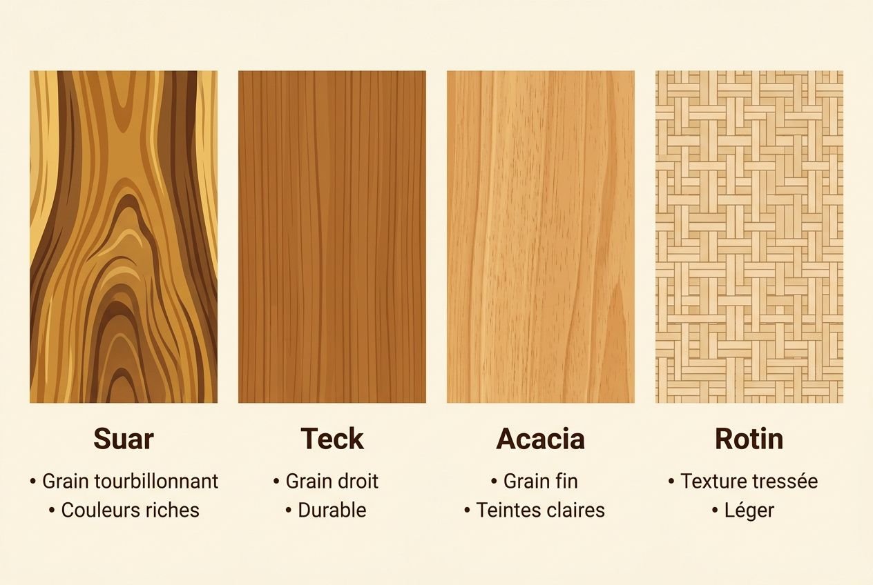 Présentations de quatre essences/finishes de bois avec textures distinctes: Suar, Teck, Acacia et Rotin, mettant en avant grain, couleur et durabilité. Qualité des meubles fabriqués en Indonésie.