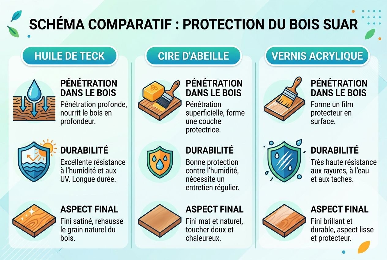 Schéma comparatif: protection du bois suar avec huile de teck, cire d’abeille et vernis notant pénétration, durabilité et aspect final du bois. Entretien bois suar expliqué.