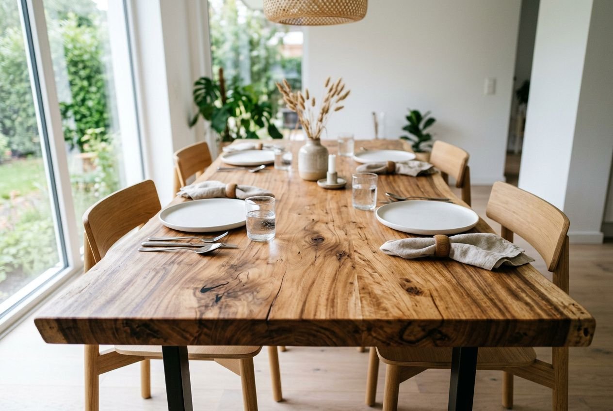 Table à manger en bois massif dans une salle lumineuse, set de table prêt pour 6 personnes, ambiance naturelle. dimension table à manger parfaite pour votre espace.