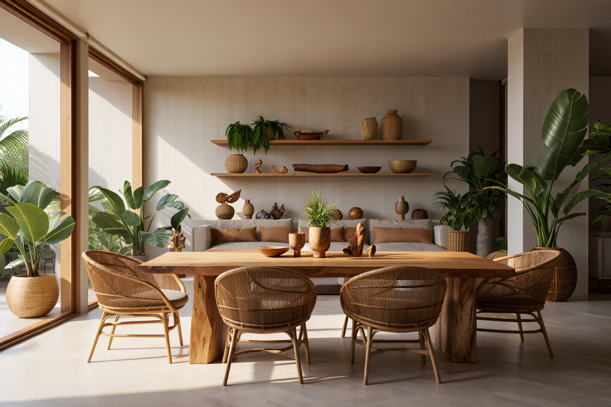 Table en bois massif et chaises en rotin dans une salle à manger lumineuse, ambiance naturelle et chaleureuse. meuble artisanal bois massif harmonie naturelle.