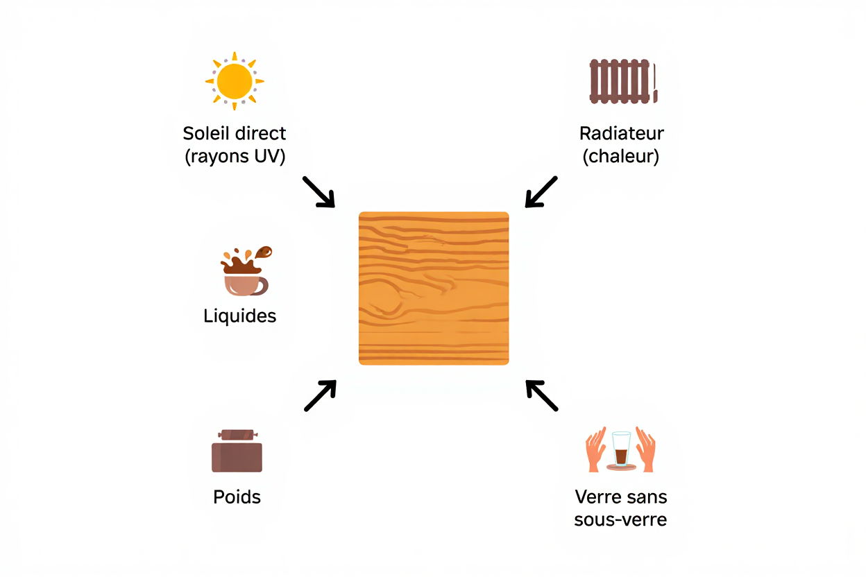 Table en bois de suar au centre, entourée d’icônes: soleil direct, radiateur, liquides, poids et verre sans sous-verre, illustrant les facteurs à prendre en compte pour l’entretien bois suar.