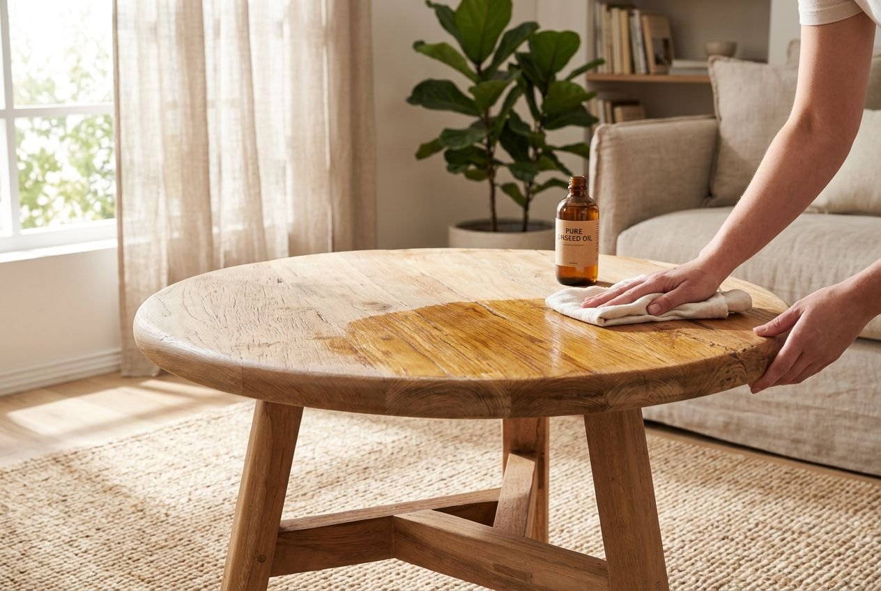 Table en bois suar en cours de nettoyage avec chiffon sur une surface ronde, huile à proximité. entretien bois suar et protection.