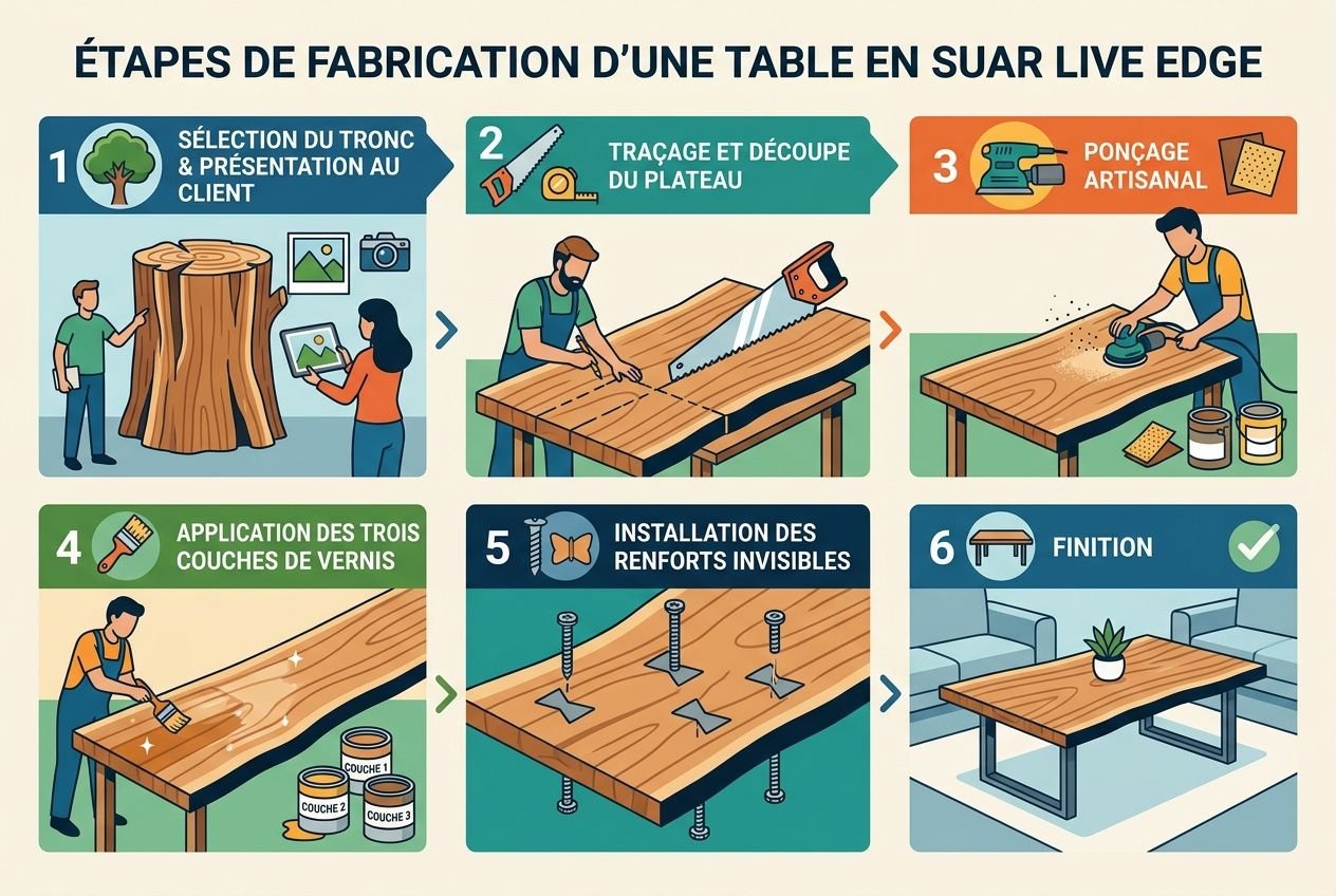 Table suar massif: image d’instructions pas étapes pour fabriquer une table live edge, montrant tronçonnage, traçage, ponçage, vernis, installation des pieds et finition.