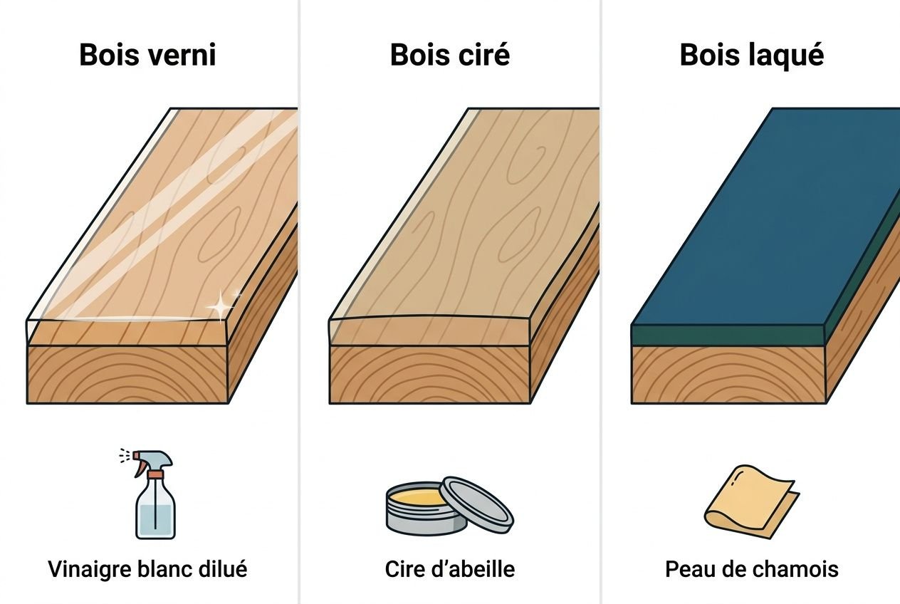 Trois finitions de bois: verni, ciré et laqué, illustrant les traitements et fond de bois. Vinaigre blanc dilué pour le bois verni. Cire d’abeille pour le bois ciré. Peau de chimpms? Non: peau de chamios pour le bois laqué.